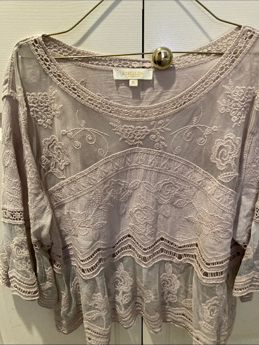 Rebellion Mocha tan Embroidered Crochet-Trim Blouse - Picture 3 of 7